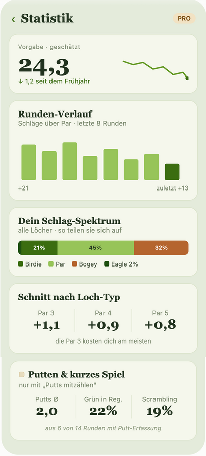 gaho Pro — Statistik: Vorgabe-Trend, Schlag-Spektrum, Schnitt nach Loch-Typ