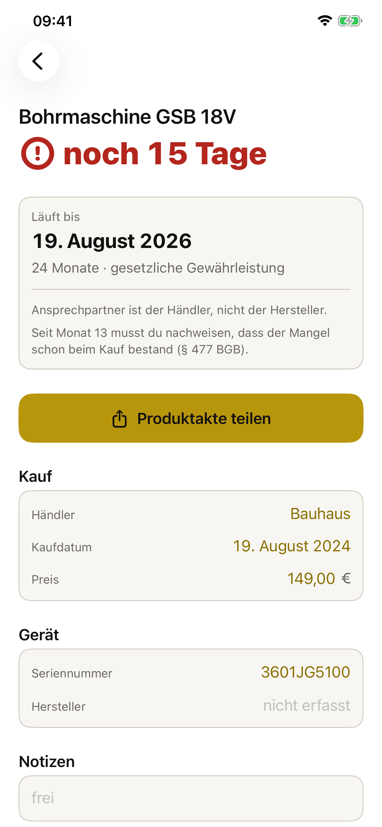 Produktdetails und Produktakte teilen