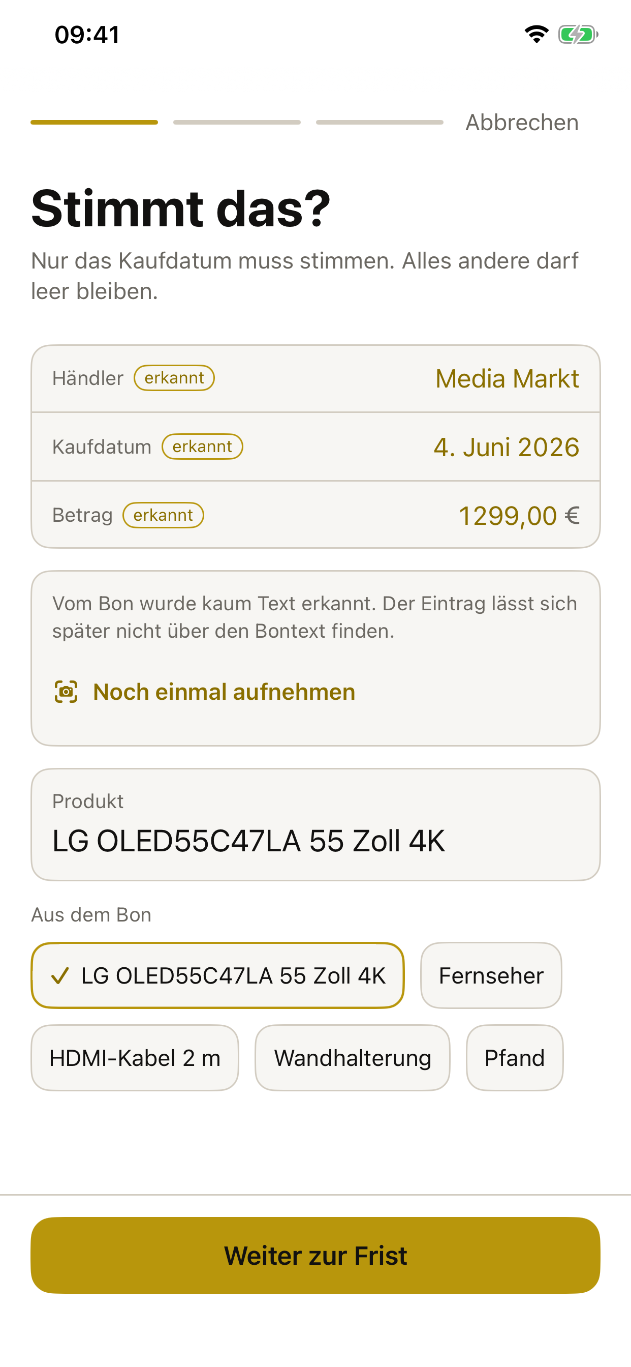 Erkannte Belegdaten prüfen