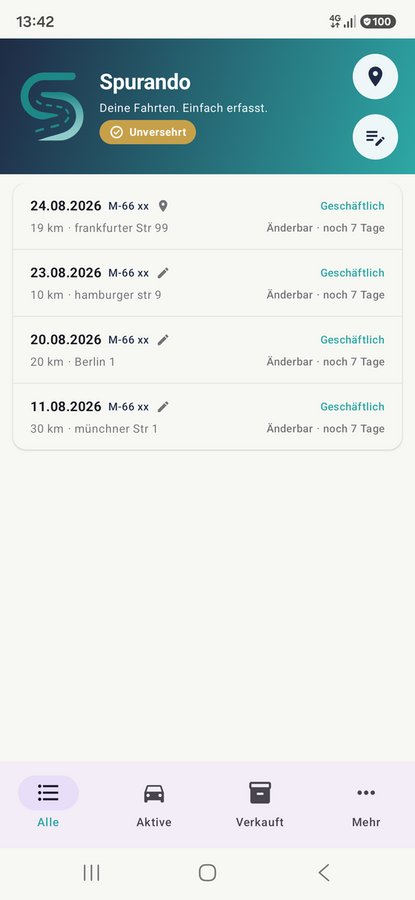 Spurando für Android — Übersicht: jede Fahrt wird beim Erfassen versiegelt