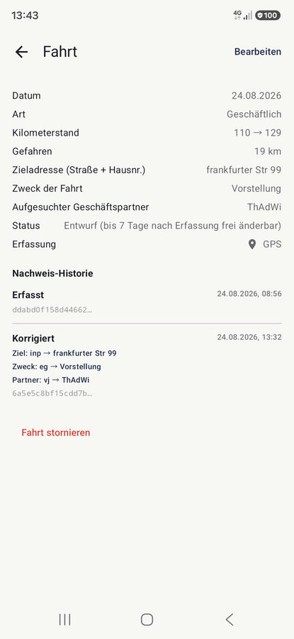 Spurando für Android — Nachweis-Historie: korrigieren ohne zu überschreiben