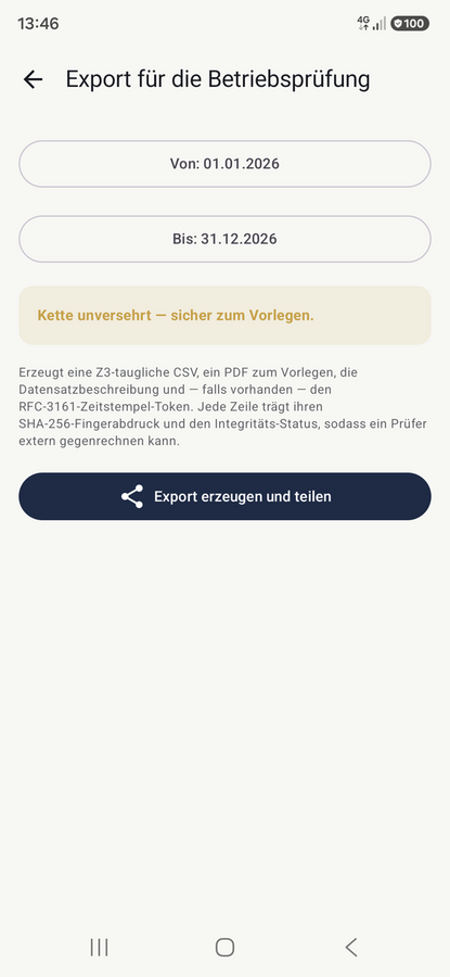 Spurando für Android — Export für die Betriebsprüfung: CSV, Datensatzbeschreibung, PDF