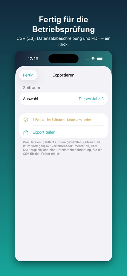 Spurando — Export für die Betriebsprüfung: CSV, Datensatzbeschreibung, PDF