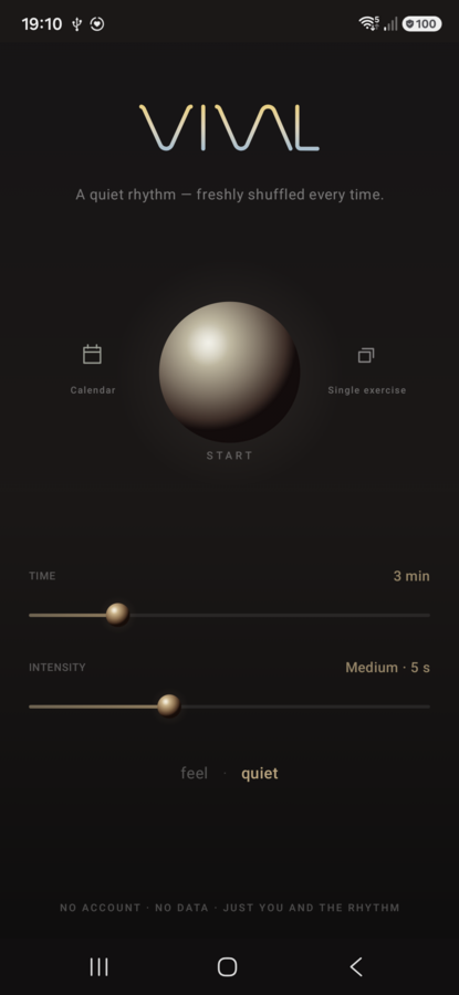 VIVAL for Android — home screen with two sliders