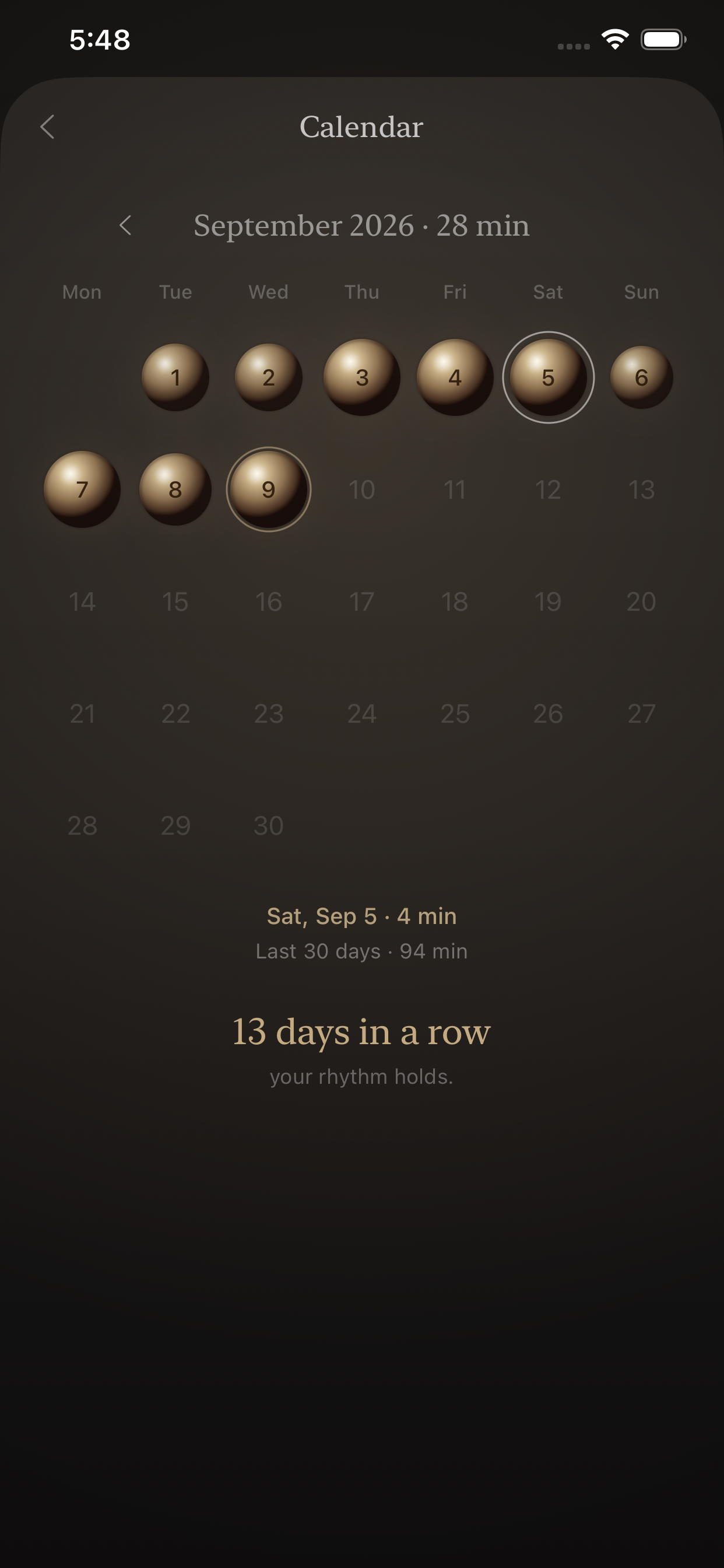 VIVAL — calendar: your rhythm at a glance