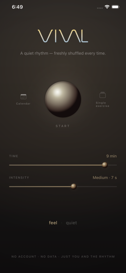 VIVAL — home screen with two sliders for time and intensity